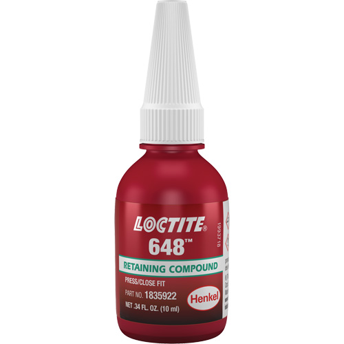 648 High Strength/Rapid Cure Retaining Compounds, 10 ml, Bottle, Green Moffatt Supply & Specialties