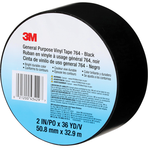 764 General-Purpose Vinyl Tape, 50.8 mm (2") W x 32.9 m (108') L, 5 mils, Black Moffatt Supply & Specialties