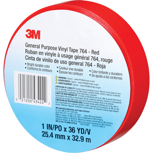 Ruban en vinyle pour travaux g&eacute;n&eacute;raux 764, 25,4 mm (1") la x 32,9 m (108') lo, 5 mils, Rouge Moffatt Supply & Specialties