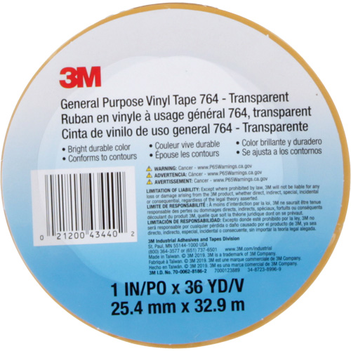 Ruban en vinyle pour travaux g&eacute;n&eacute;raux 764, 25,4 mm (1") la x 32,9 m (108') lo, 5 mils, Transparent Moffatt Supply & Specialties