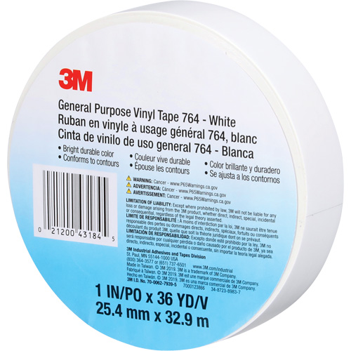Ruban en vinyle pour travaux g&eacute;n&eacute;raux 764, 25,4 mm (1") la x 32,9 m (108') lo, 5 mils, Blanc Moffatt Supply & Specialties