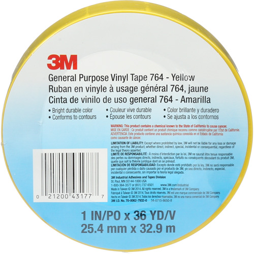 Ruban en vinyle pour travaux g&eacute;n&eacute;raux 764, 25,4 mm (1") la x 32,9 m (108') lo, 5 mils, Jaune Moffatt Supply & Specialties