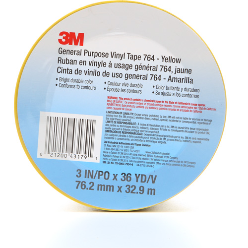 Ruban en vinyle pour travaux g&eacute;n&eacute;raux 764, 76 mm (3") la x 32,9 m (108') lo, 5 mils, Jaune Moffatt Supply & Specialties