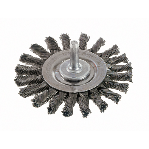Brosses rotatives &agrave; fils nou&eacute;s - Brosse rotative &agrave; fils nou&eacute;s a/queue 1/4", fils nou&eacute;s standards, Dia. 4", Fils 0,014", Acier inoxydable Moffatt Supply & Specialties
