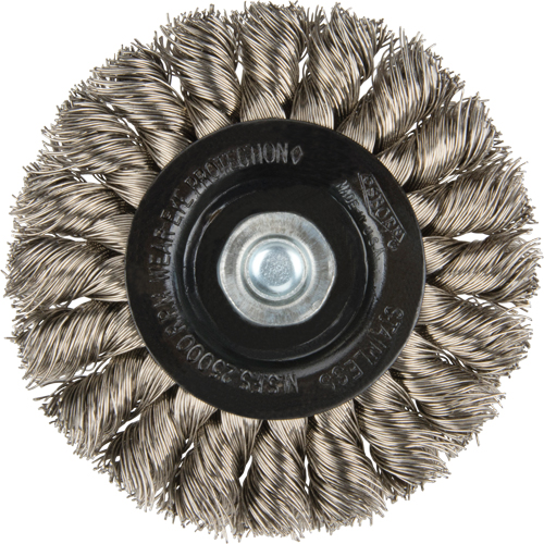 Brosses rotatives &agrave; fils nou&eacute;s - Brosse rotative &agrave; fils nou&eacute;s a/queue 1/4", Fils nou&eacute;s standards, Dia. 3", Fils 0,014", Acier inoxydable Moffatt Supply & Specialties