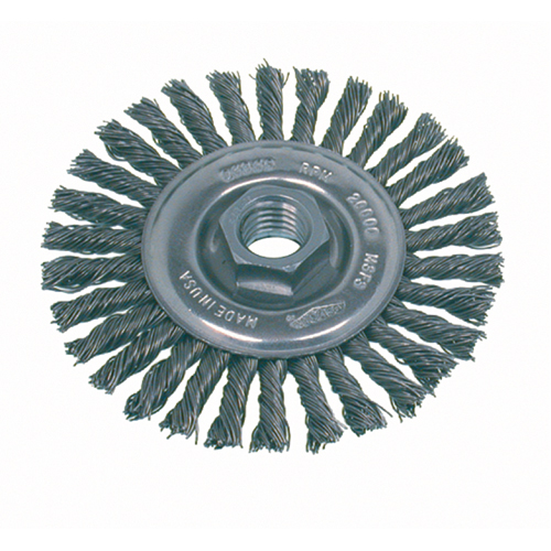 Brosse rotative &agrave; fils nou&eacute;s pour petites meuleuses haute vitesse, pour passe de fond, Dia. 4", Fils 0,02", Arbre 5/8"-11, Acier Moffatt Supply & Specialties