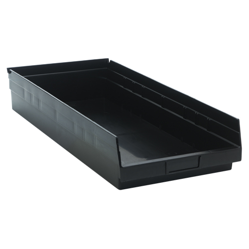 Economy Shelf Bin, 11-1/8" W x 4" H x 23-5/8" D, Black, 60 lbs. Capacity Moffatt Supply & Specialties