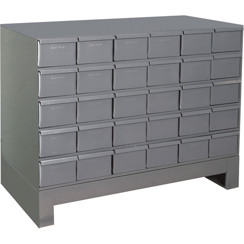 Armoires &agrave; tiroirs industriels avec base, 30 tiroirs, 34-1/8" la x 12-1/4" p x 26-7/8" h, Gris Moffatt Supply & Specialties