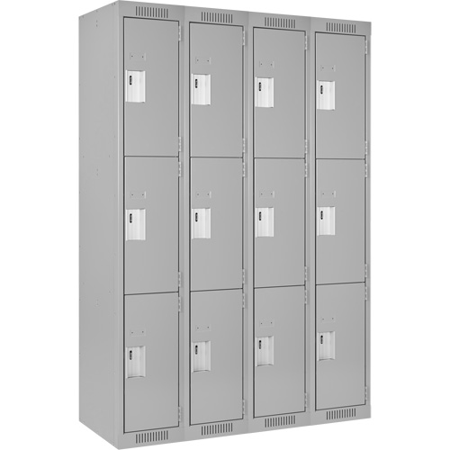 Clean Line Lockers, 3 -tier, Bank of 4, 48" x 18" x 72", Steel, Grey, Rivet (Assembled) Moffatt Supply & Specialties