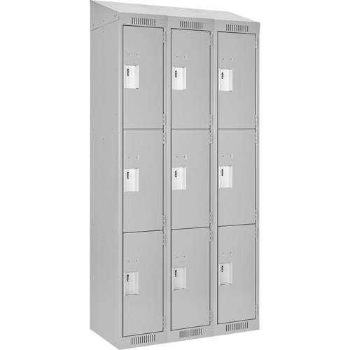 Clean Line Lockers, 3 -tier, Bank of 3, 36" x 18" x 78", Steel, Grey, Rivet (Assembled) Moffatt Supply & Specialties