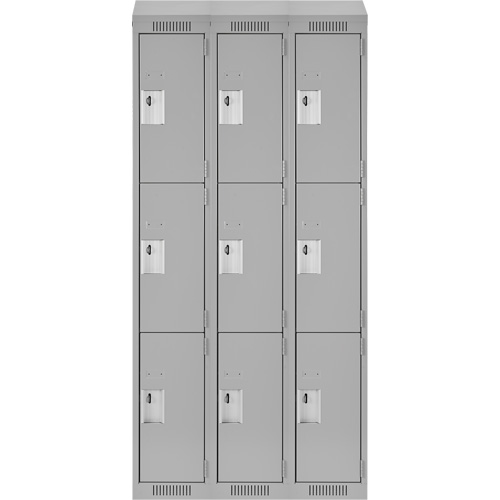 Clean Line Lockers, 3 -tier, Bank of 3, 36" x 18" x 78", Steel, Grey, Rivet (Assembled) Moffatt Supply & Specialties