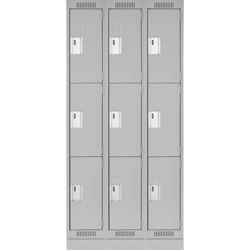 Clean Line Lockers, 3 -tier, Bank of 3, 36" x 18" x 76", Steel, Grey, Rivet (Assembled) Moffatt Supply & Specialties
