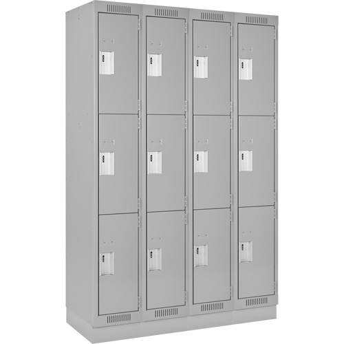 Clean Line Lockers, 3 -tier, Bank of 4, 48" x 18" x 76", Steel, Grey, Rivet (Assembled) Moffatt Supply & Specialties