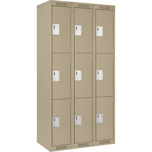Clean Line Lockers, 3 -tier, Bank of 3, 36" x 18" x 72", Steel, Beige, Rivet (Assembled) Moffatt Supply & Specialties