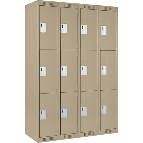 Clean Line Lockers, 3 -tier, Bank of 4, 48" x 18" x 72", Steel, Beige, Rivet (Assembled) Moffatt Supply & Specialties