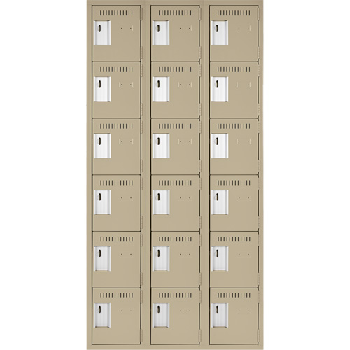 Clean Line Lockerette, 6 -tier, Bank of 3, 36" x 18" x 72", Steel, Beige, Rivet (Assembled) Moffatt Supply & Specialties