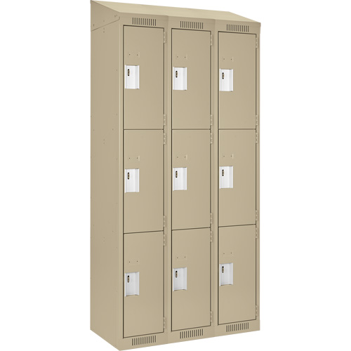 Clean Line Lockers, 3 -tier, Bank of 3, 36" x 18" x 78", Steel, Beige, Rivet (Assembled) Moffatt Supply & Specialties