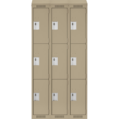 Clean Line Lockers, 3 -tier, Bank of 3, 36" x 18" x 78", Steel, Beige, Rivet (Assembled) Moffatt Supply & Specialties