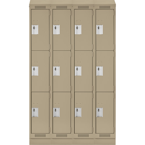 Clean Line Lockers, 3 -tier, Bank of 4, 48" x 18" x 82", Steel, Beige, Rivet (Assembled) Moffatt Supply & Specialties
