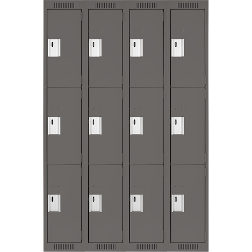 Clean Line Lockers, 3 -tier, Bank of 4, 48" x 18" x 72", Steel, Charcoal, Rivet (Assembled) Moffatt Supply & Specialties