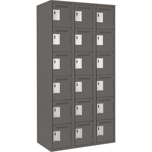 Clean Line Lockerette, 6 -tier, Bank of 3, 36" x 18" x 72", Steel, Charcoal, Rivet (Assembled) Moffatt Supply & Specialties
