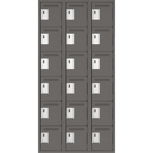 Clean Line Lockerette, 6 -tier, Bank of 3, 36" x 18" x 72", Steel, Charcoal, Rivet (Assembled) Moffatt Supply & Specialties