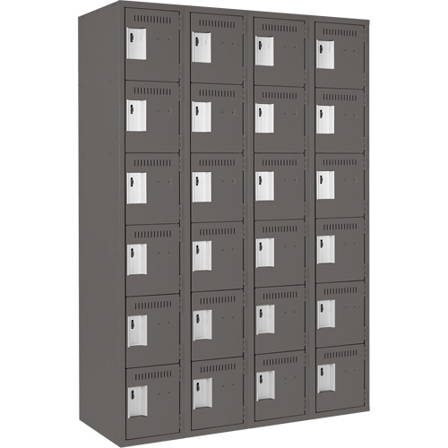 Clean Line Lockerette, 6 -tier, Bank of 4, 48" x 18" x 72", Steel, Charcoal, Rivet (Assembled) Moffatt Supply & Specialties