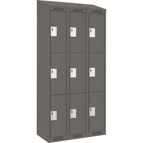 Clean Line Lockers, 3 -tier, Bank of 3, 36" x 18" x 78", Steel, Charcoal, Rivet (Assembled) Moffatt Supply & Specialties