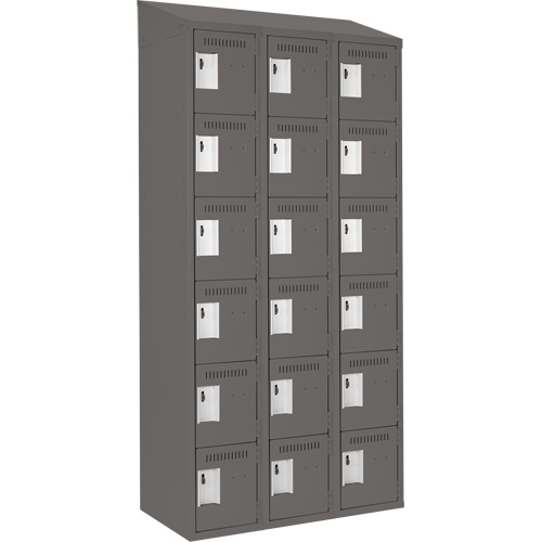 Clean Line Lockerette, 6 -tier, Bank of 3, 36" x 18" x 78", Steel, Charcoal, Rivet (Assembled) Moffatt Supply & Specialties