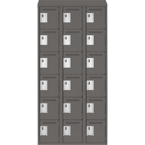 Clean Line Lockerette, 6 -tier, Bank of 3, 36" x 18" x 78", Steel, Charcoal, Rivet (Assembled) Moffatt Supply & Specialties