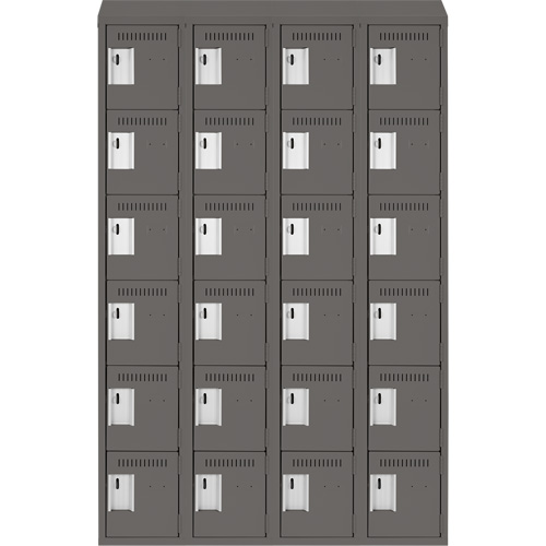 Clean Line Lockerette, 6 -tier, Bank of 4, 48" x 18" x 78", Steel, Charcoal, Rivet (Assembled) Moffatt Supply & Specialties