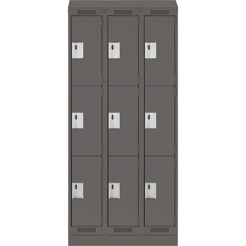Clean Line Lockers, 3 -tier, Bank of 3, 36" x 18" x 82", Steel, Charcoal, Rivet (Assembled) Moffatt Supply & Specialties