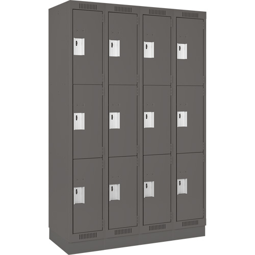 Clean Line Lockers, 3 -tier, Bank of 4, 48" x 18" x 76", Steel, Charcoal, Rivet (Assembled) Moffatt Supply & Specialties
