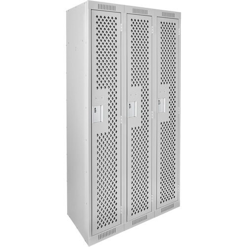 Clean Line Lockers, Bank of 3, 36" x 12" x 72", Steel, Grey, Rivet (Assembled), Perforated Moffatt Supply & Specialties