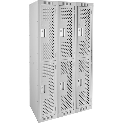 Clean Line Lockers, 2 -tier, Bank of 3, 36" x 12" x 72", Steel, Grey, Rivet (Assembled), Perforated Moffatt Supply & Specialties