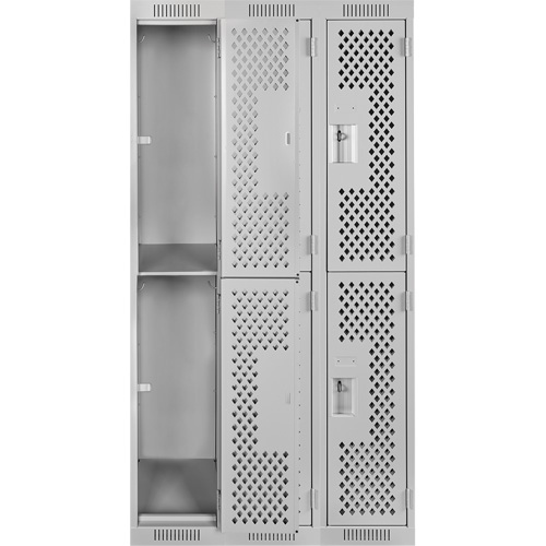 Clean Line Lockers, 2 -tier, Bank of 3, 36" x 12" x 72", Steel, Grey, Rivet (Assembled), Perforated Moffatt Supply & Specialties