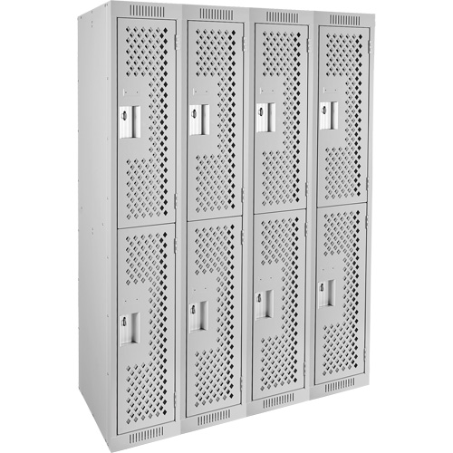 Clean Line Lockers, 2 -tier, Bank of 4, 48" x 12" x 72", Steel, Grey, Rivet (Assembled), Perforated Moffatt Supply & Specialties