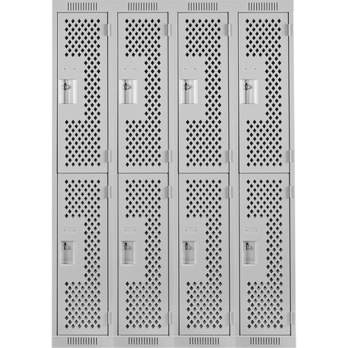 Clean Line Lockers, 2 -tier, Bank of 4, 48" x 12" x 72", Steel, Grey, Rivet (Assembled), Perforated Moffatt Supply & Specialties