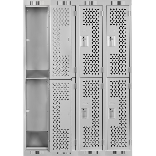 Clean Line Lockers, 2 -tier, Bank of 4, 48" x 12" x 72", Steel, Grey, Rivet (Assembled), Perforated Moffatt Supply & Specialties