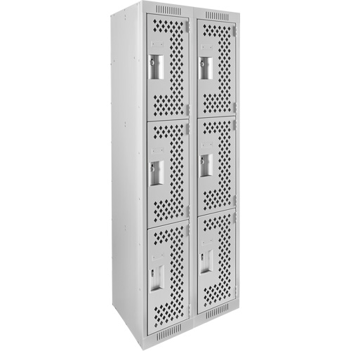 Clean Line Lockers, 3 -tier, Bank of 2, 24" x 12" x 72", Steel, Grey, Rivet (Assembled), Perforated Moffatt Supply & Specialties
