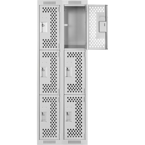 Clean Line Lockers, 3 -tier, Bank of 2, 24" x 12" x 72", Steel, Grey, Rivet (Assembled), Perforated Moffatt Supply & Specialties