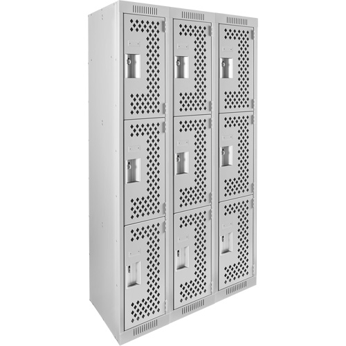 Clean Line Lockers, 3 -tier, Bank of 3, 36" x 12" x 72", Steel, Grey, Rivet (Assembled), Perforated Moffatt Supply & Specialties