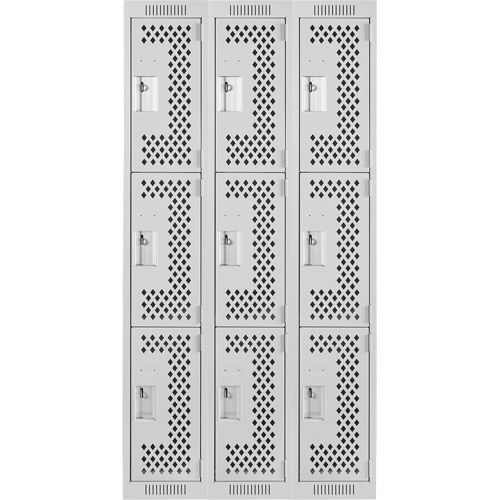 Clean Line Lockers, 3 -tier, Bank of 3, 36" x 12" x 72", Steel, Grey, Rivet (Assembled), Perforated Moffatt Supply & Specialties