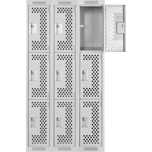 Clean Line Lockers, 3 -tier, Bank of 3, 36" x 12" x 72", Steel, Grey, Rivet (Assembled), Perforated Moffatt Supply & Specialties