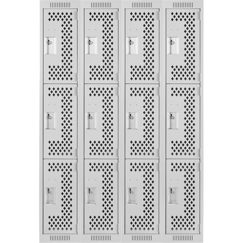 Clean Line Lockers, 3 -tier, Bank of 4, 48" x 12" x 72", Steel, Grey, Rivet (Assembled), Perforated Moffatt Supply & Specialties