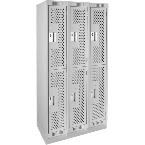 Clean Line Lockers, 2 -tier, Bank of 3, 36" x 18" x 76", Steel, Grey, Rivet (Assembled), Perforated Moffatt Supply & Specialties