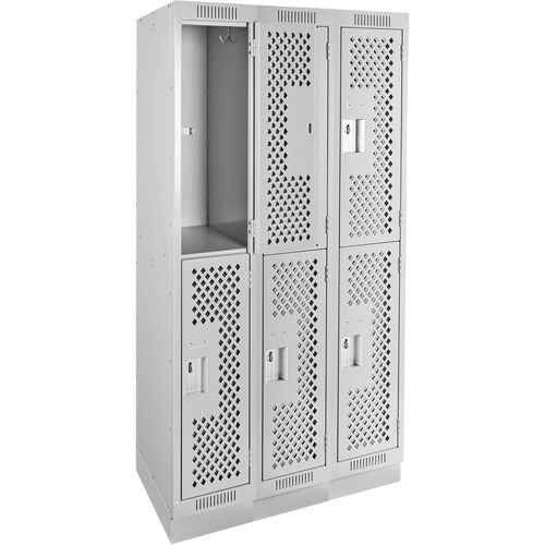 Clean Line Lockers, 2 -tier, Bank of 3, 36" x 18" x 76", Steel, Grey, Rivet (Assembled), Perforated Moffatt Supply & Specialties