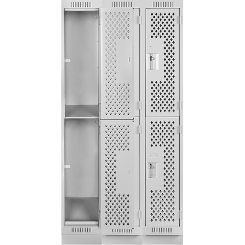 Clean Line Lockers, 2 -tier, Bank of 3, 36" x 18" x 76", Steel, Grey, Rivet (Assembled), Perforated Moffatt Supply & Specialties