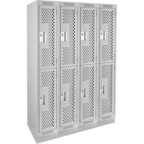 Clean Line Lockers, 2 -tier, Bank of 4, 48" x 18" x 76", Steel, Grey, Rivet (Assembled), Perforated Moffatt Supply & Specialties