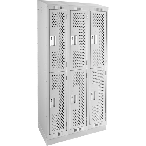 Clean Line Lockers, 2 -tier, Bank of 3, 36" x 12" x 82", Steel, Grey, Rivet (Assembled), Perforated Moffatt Supply & Specialties